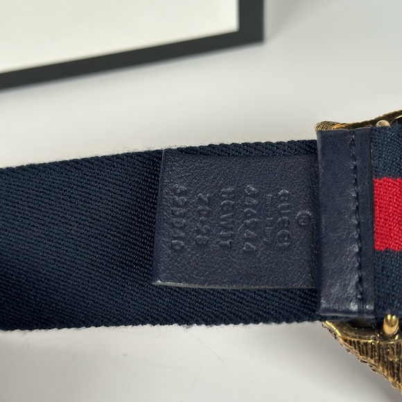 Authentic Gucci Web Belt with Antique Gold Tiger Head Rajah